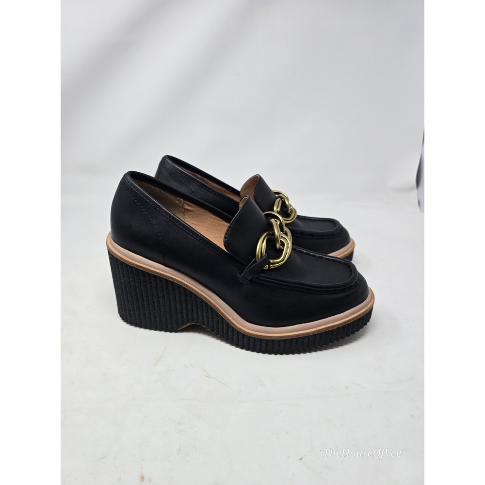 Dolce Vita Brenan Platform Chain Loafers Black Wedge Slip On Shoes Sz 8.5